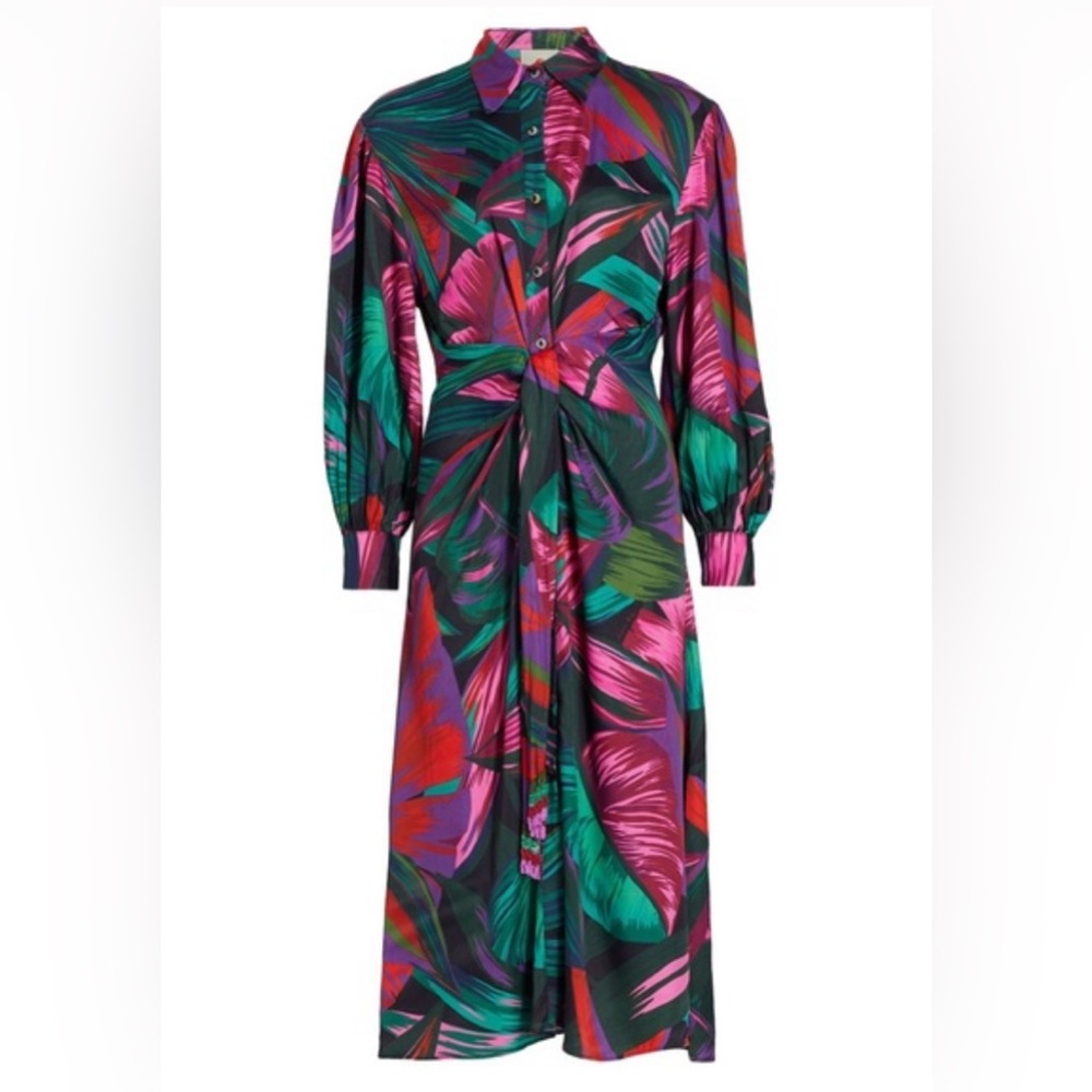 Farm Rio Midnight Leaves Button-Down Long Sleeve Midi Dress Small